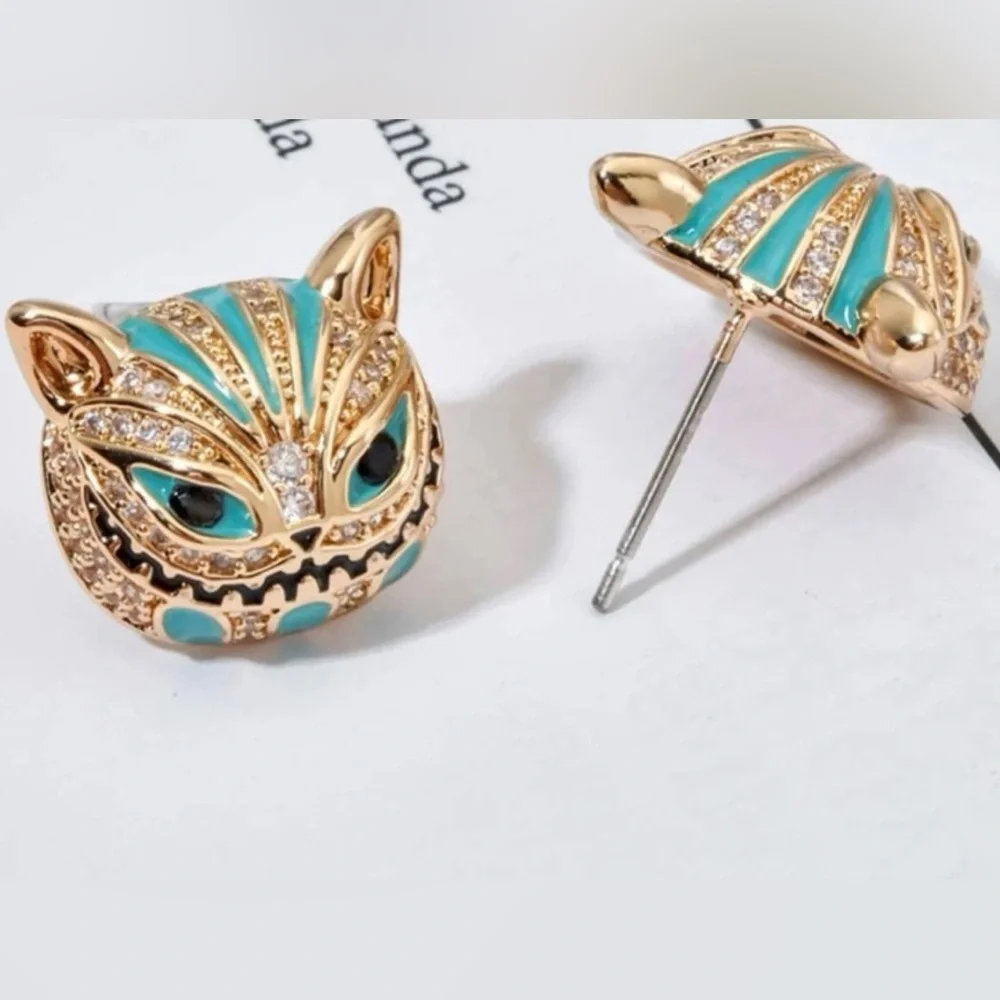 “Cheshire Cat” Alice in Wonderland Toothy Grin Green Striped Steel Fantasy Studs